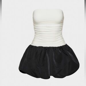 Aritzia Strapless White Ruched Bodice with Black Bubble Skirt Dress